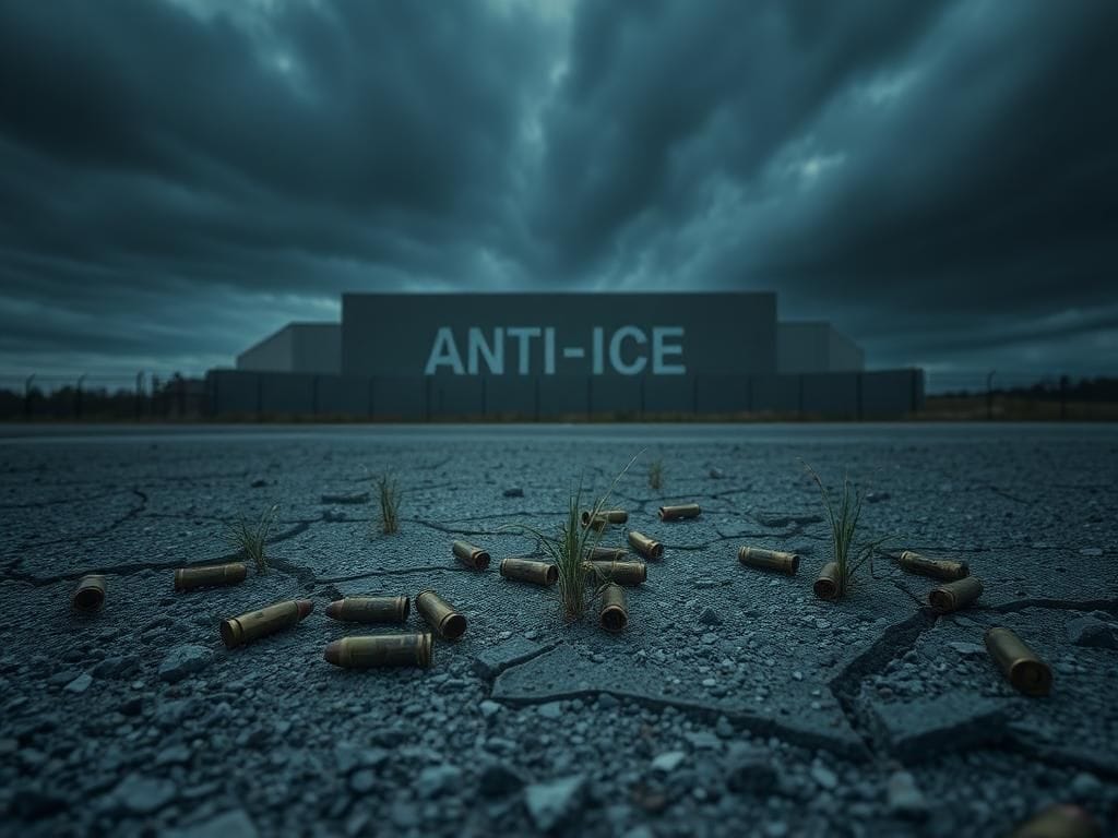 Flick International Empty outdoor space near an ICE facility in Dallas, showcasing shell casings and distressed gravel