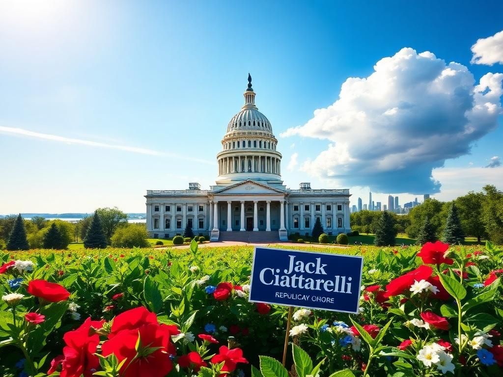 Flick International A vibrant image of the New Jersey state capitol building surrounded by a lush green garden with red, white, and blue flowers.