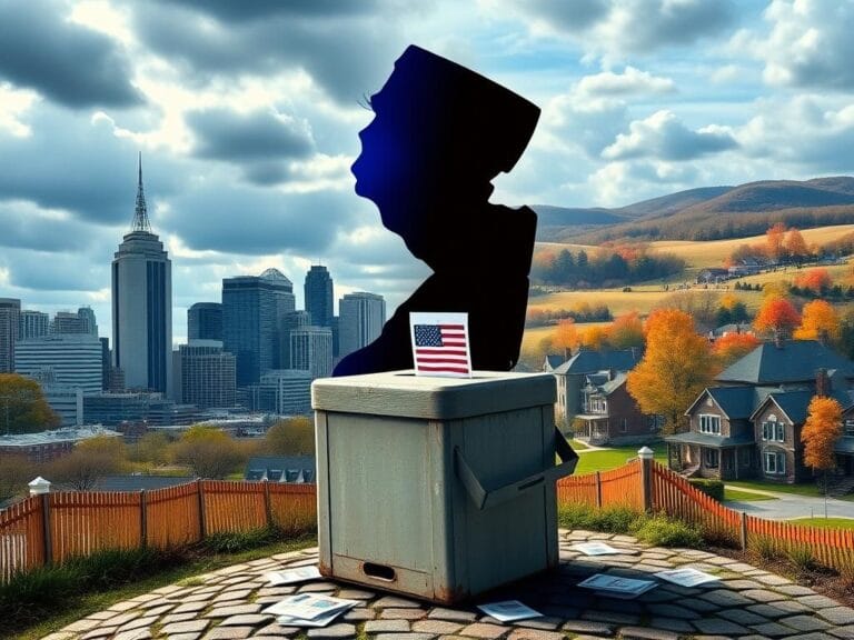 Flick International Dramatic split scene of New Jersey's urban skyline and suburban neighborhoods with a ballot box in the foreground
