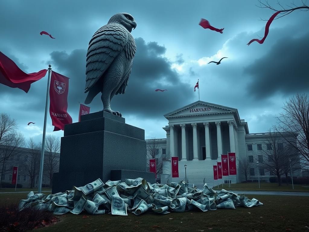 Flick International A dramatic scene of Harvard University campus with the iconic crimson banners fluttering against a stormy sky