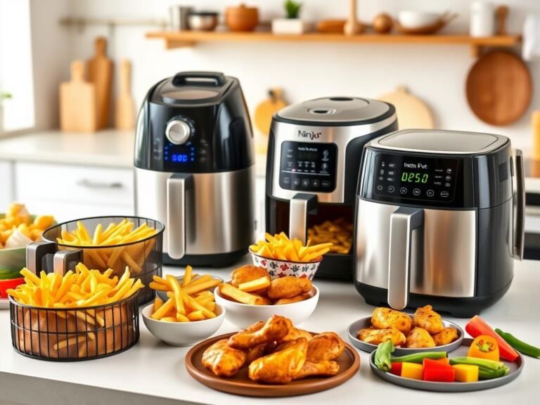 Flick International A modern kitchen countertop showcasing various air fryers including brands like Ninja, Instant Pot, and Cosori.