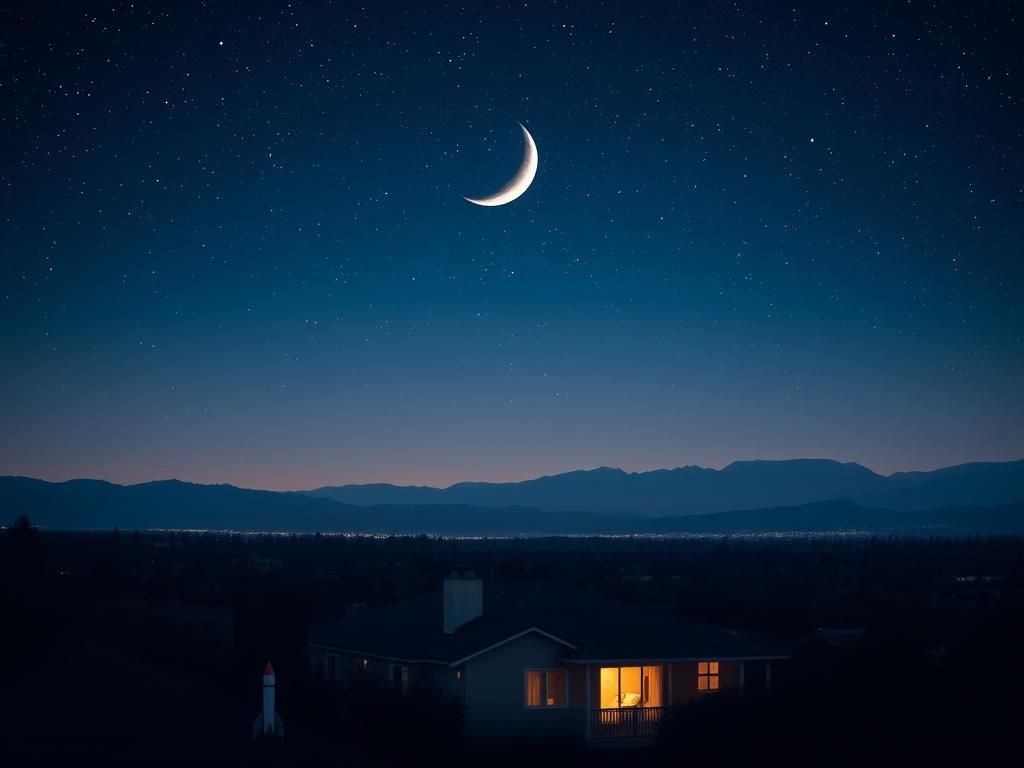 Flick International Cozy home under a starry night sky with a crescent moon, representing comfort and health.