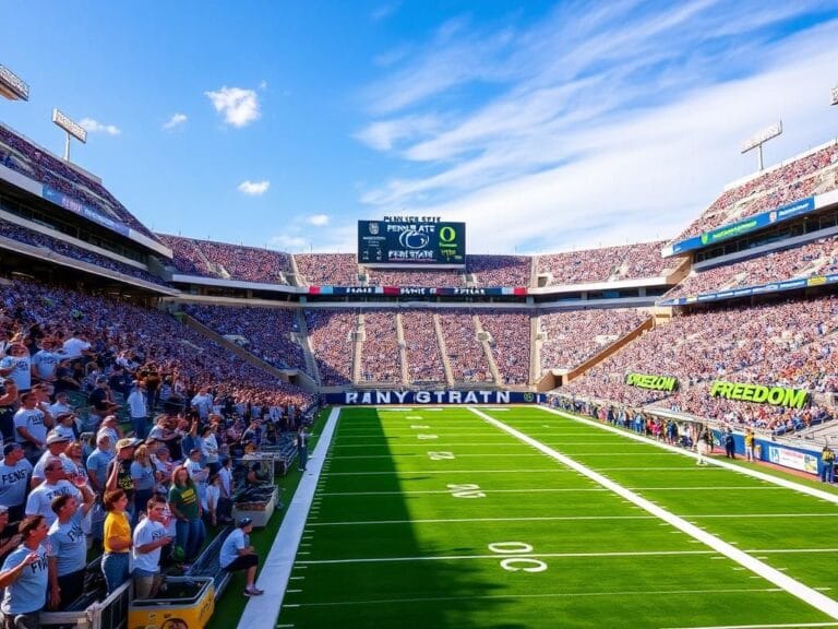 Flick International A vibrant college football scene at Penn State with fans wearing Charlie Kirk 'freedom' shirts