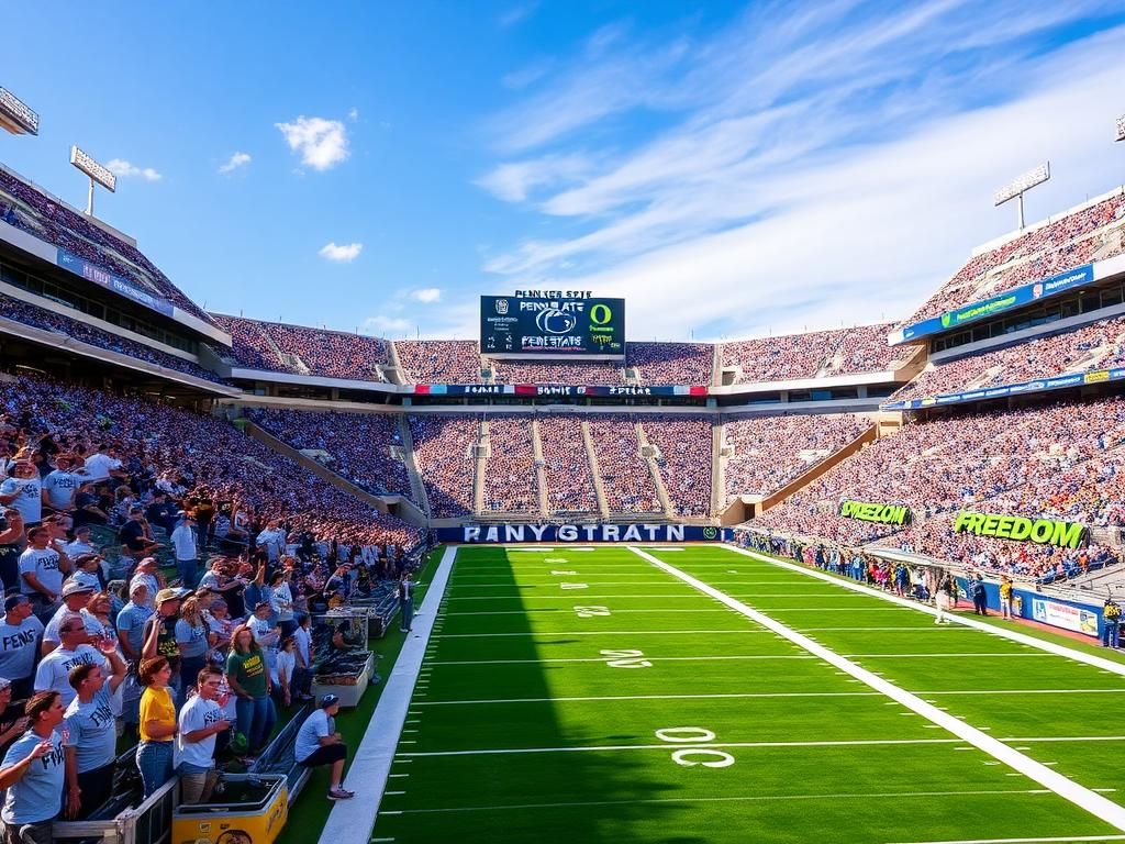 Flick International A vibrant college football scene at Penn State with fans wearing Charlie Kirk 'freedom' shirts