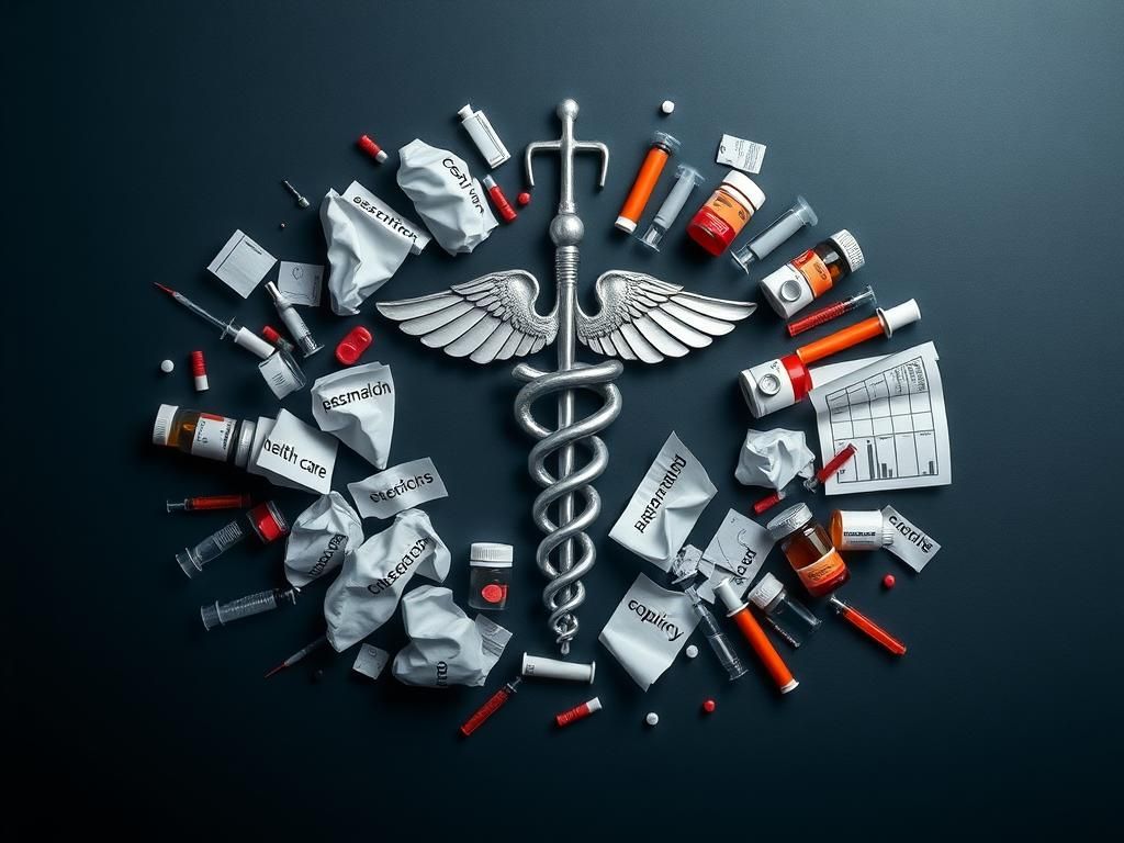 Flick International A collage depicting healthcare chaos with a broken caduceus and disorganized medical icons.