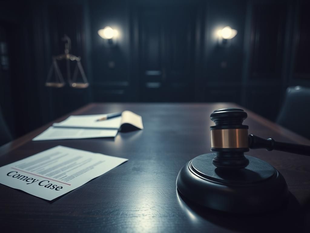 Flick International Overhead view of a gavel on a polished desk with legal documents related to the Comey case