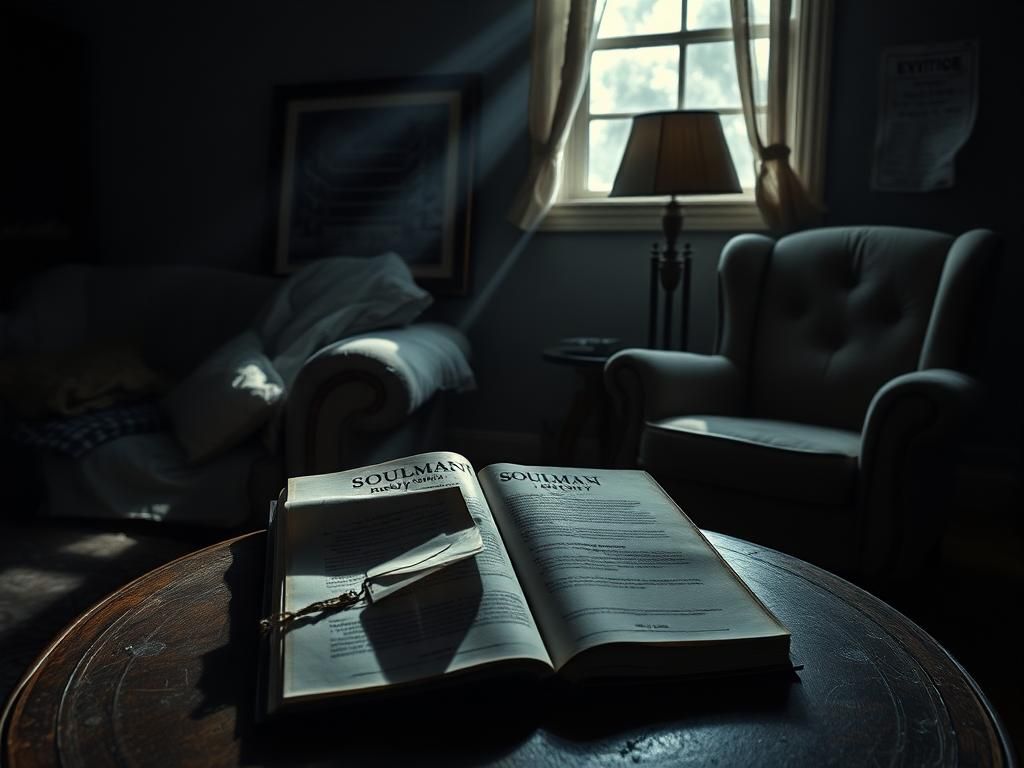 Flick International Dimly lit living room representing a turbulent family dynamic with an open memoir and eviction notice