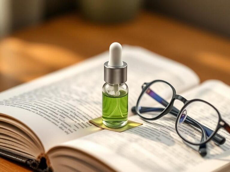 Flick International Close-up of a dropper bottle of eye drops on a soft-focus background with reading glasses and an open book