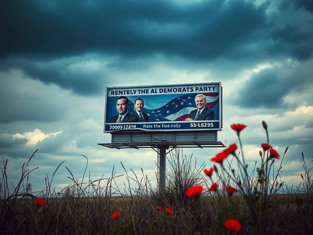 Flick International Worn-out political campaign billboard overgrown with weeds, symbolizing Democratic Party's decline