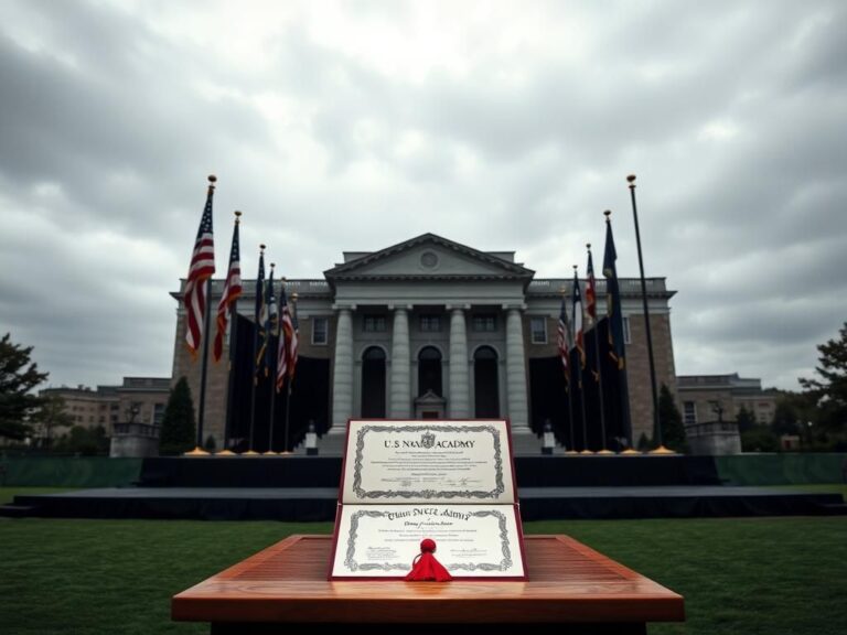 Flick International Empty U.S. Naval Academy graduation stage with ceremonial flags and diploma