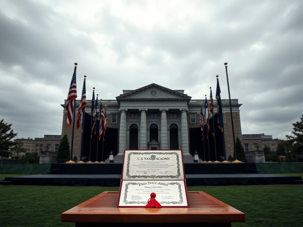 Flick International Empty U.S. Naval Academy graduation stage with ceremonial flags and diploma