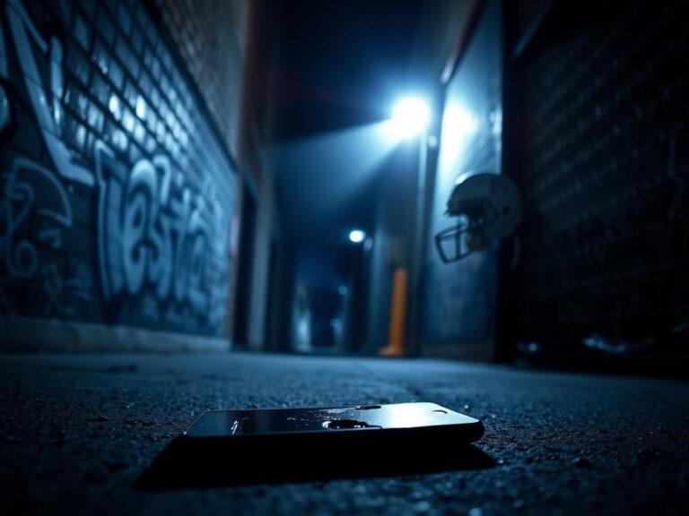 Flick International Dark urban alleyway at night with a broken smartphone screen and a football helmet silhouette