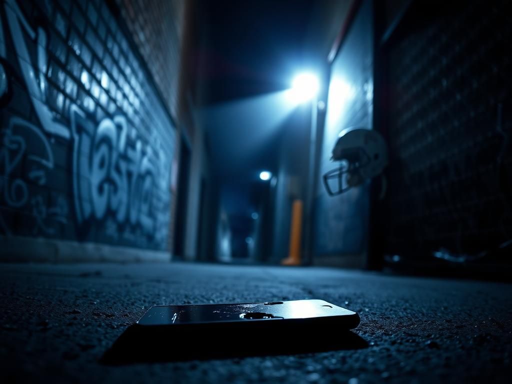 Flick International Dark urban alleyway at night with a broken smartphone screen and a football helmet silhouette