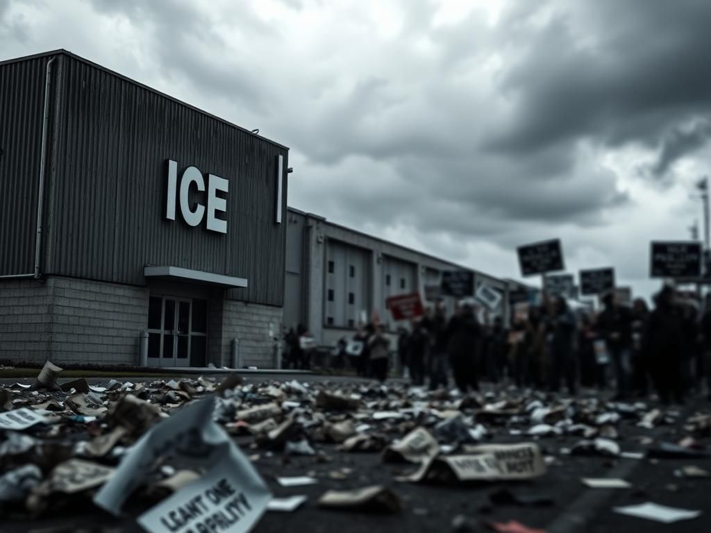 Flick International A powerful ICE facility scene during a protest showcasing tension and authority