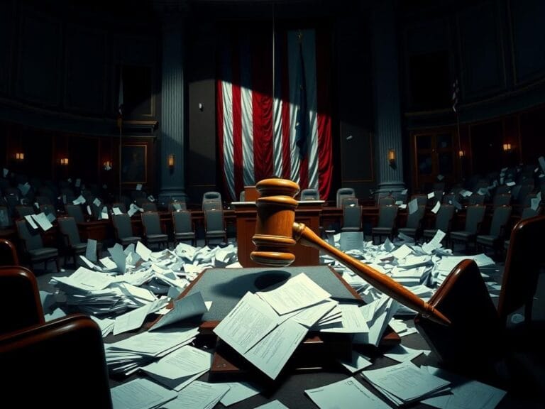 Flick International Chaotic Senate hearing with a prominent symbolic gavel and overturned chairs reflecting tension