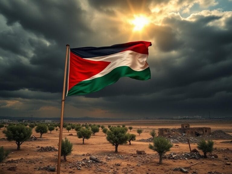 Flick International Palestinian flag waving against a dark sky with a barren landscape in the foreground