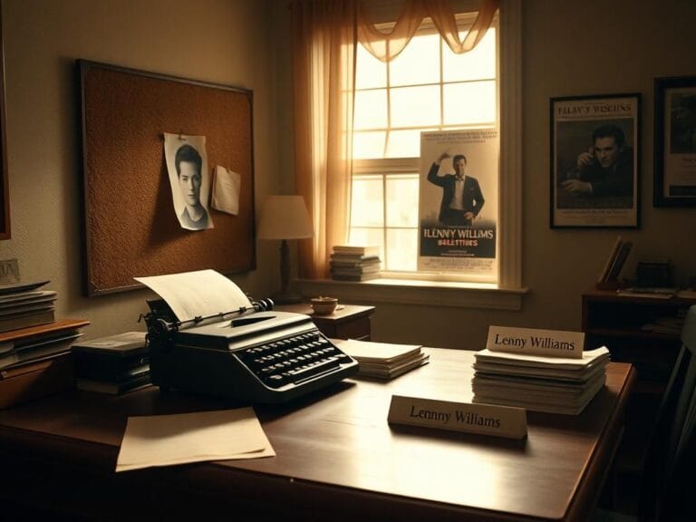 Flick International Vintage Hollywood office scene with a wooden desk and actor's headshot