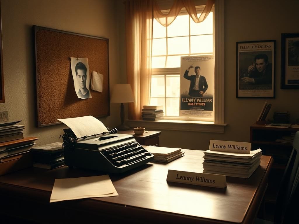 Flick International Vintage Hollywood office scene with a wooden desk and actor's headshot