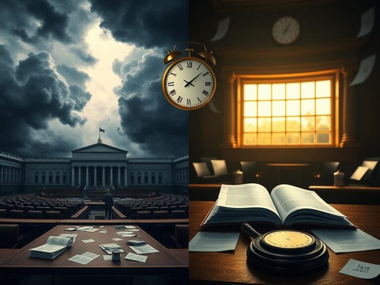Flick International A split image showing contrasting scenes of legislative tension and hope over a government shutdown.