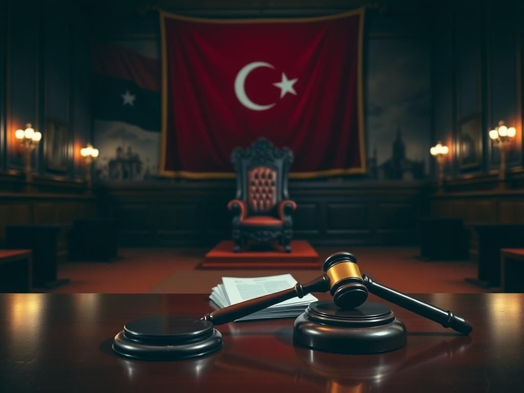 Flick International Interior of a somber courtroom featuring a judge's gavel, legal documents, and a backdrop of the French flag and Libyan landmarks