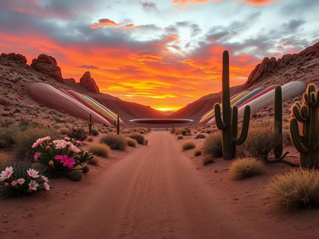 Flick International Tranquil desert scene at Roden Crater with colorful earthworks at sunset