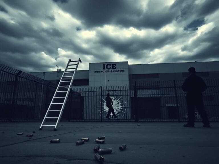 Flick International Exterior view of the Dallas Immigration and Customs Enforcement facility with a large ladder and security features highlighting a tense scene.