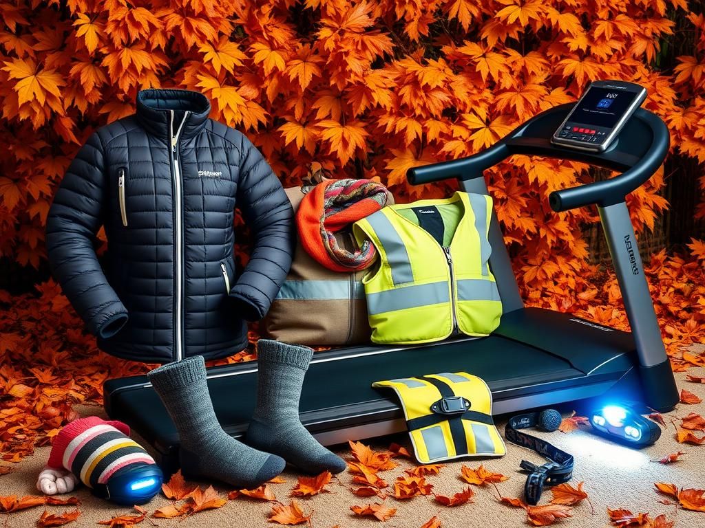 Flick International Cozy scene of fall walking gear with jackets and reflective accessories on colorful autumn leaves