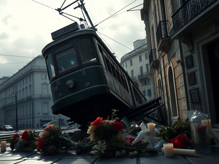 Flick International Derailed Glória Funicular in Lisbon with twisted tracks and nearby building