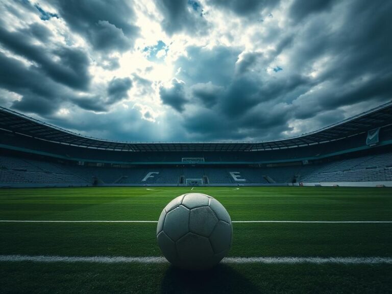 Flick International A dramatic overhead view of an empty soccer stadium with a large abandoned soccer ball on the field under dark stormy clouds
