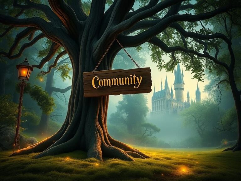 Flick International Serene enchanted forest scene with ancient tree and glowing lights