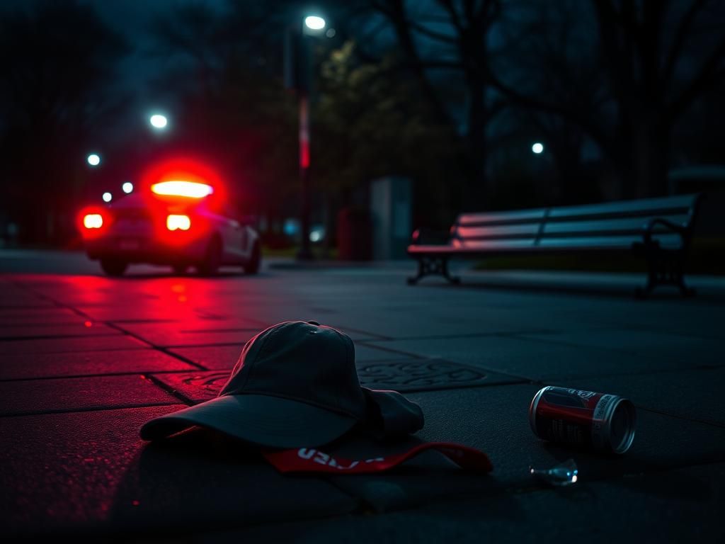 Flick International Dark urban scene in Washington D.C. depicting aftermath of violence with bloodied bandana and police car lights