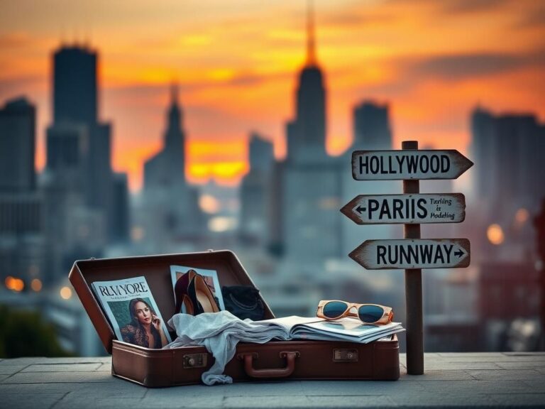 Flick International Serene urban landscape at dusk with New York City skyline and vintage suitcase