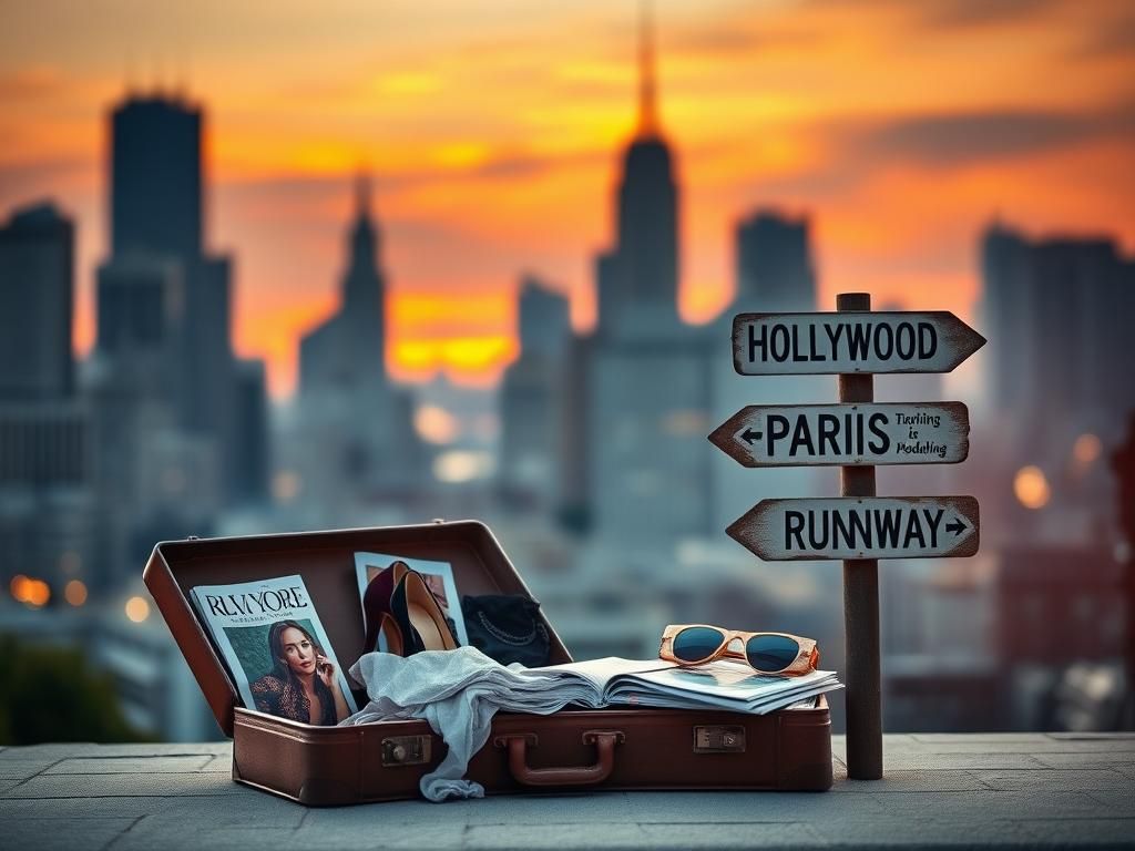 Flick International Serene urban landscape at dusk with New York City skyline and vintage suitcase