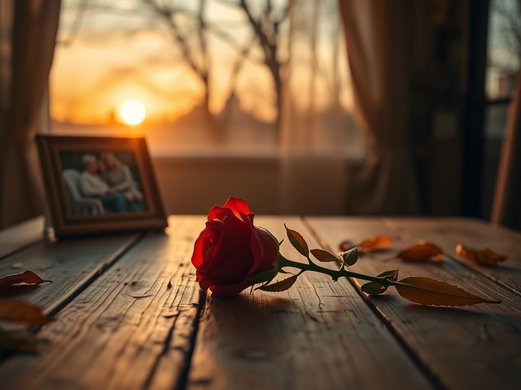 Flick International A single rose on a wooden table, symbolizing love and heartbreak