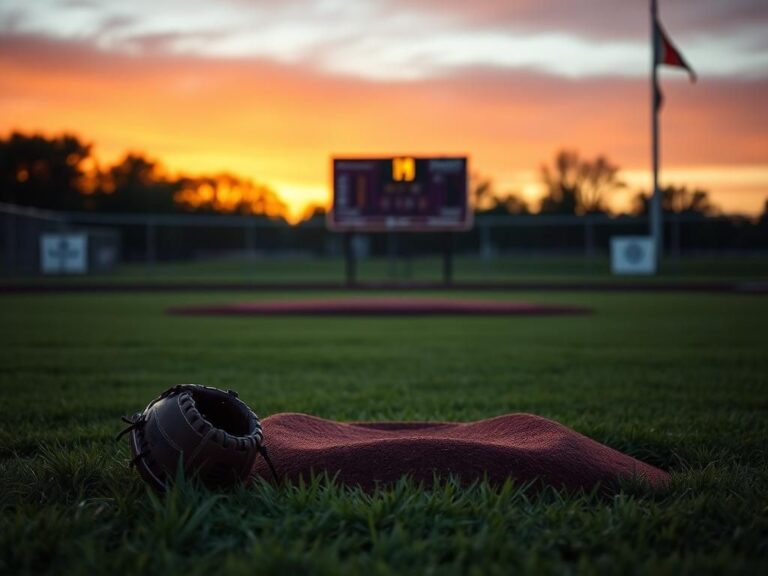 Flick International Sunset over a Minnesota high school softball field with an empty pitcher's mound and an abandoned baseball glove