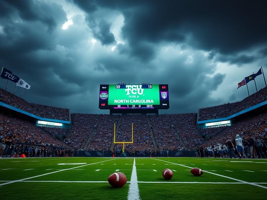 Flick International Dramatic football scene at a stadium with TCU leading over North Carolina