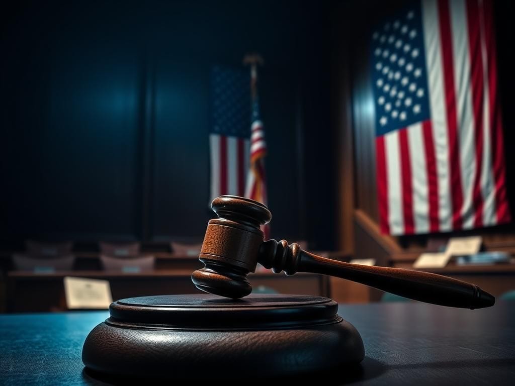 Flick International A courtroom setting with a wooden gavel on a desk representing justice and legal proceedings