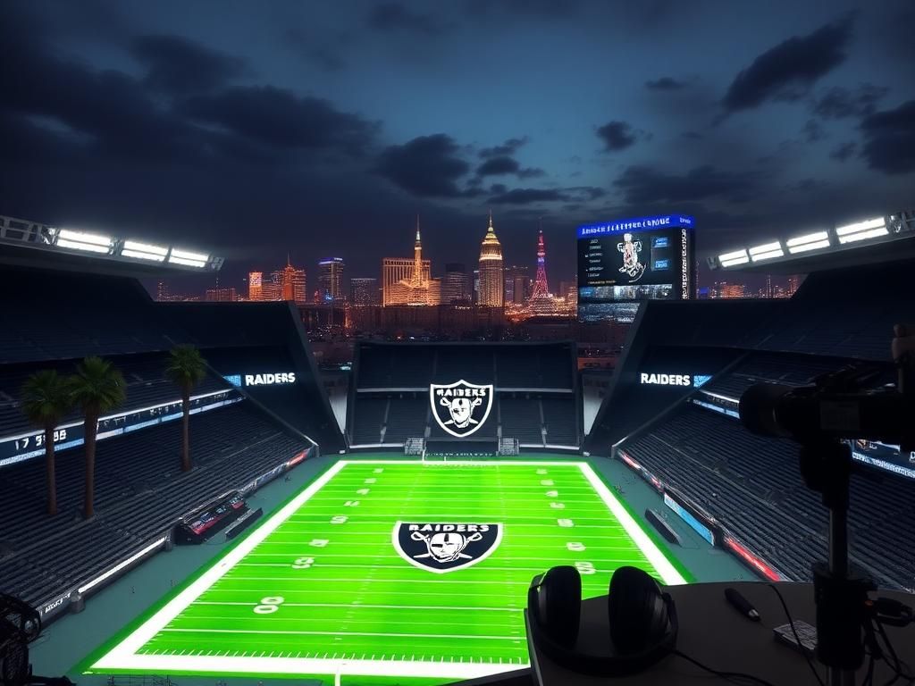 Flick International Modern football stadium at night with Raiders logo and Las Vegas skyline