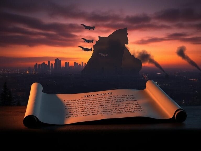 Flick International Dramatic landscape illustrating a divided Middle Eastern terrain with a city skyline and areas of conflict.