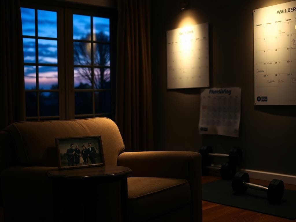 Flick International A serene living room with a plush armchair and family photo evokes feelings of longing and sacrifice.