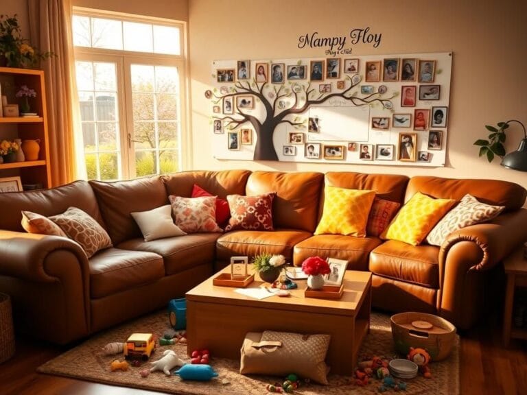 Flick International Cozy living room with brown leather couch and family photos