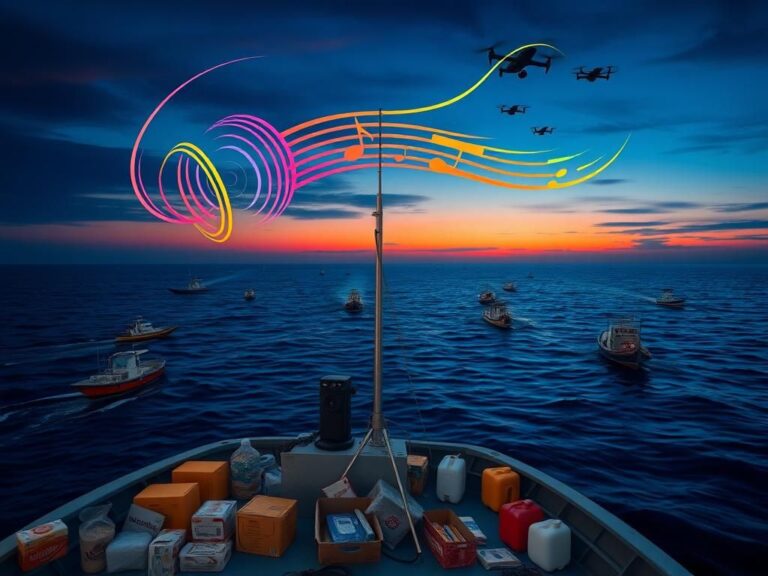 Flick International A flotilla of boats carrying humanitarian aid to Gaza under a twilight sky.