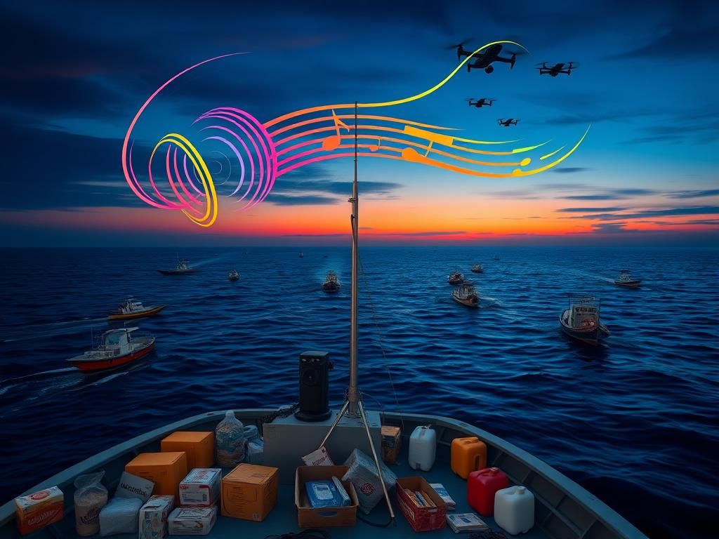 Flick International A flotilla of boats carrying humanitarian aid to Gaza under a twilight sky.