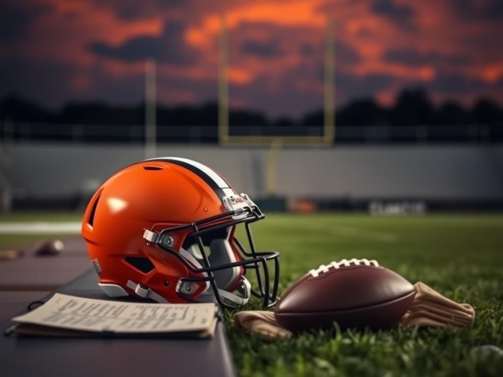 Flick International Cleveland Browns football helmet and practice ball on a bench at dusk