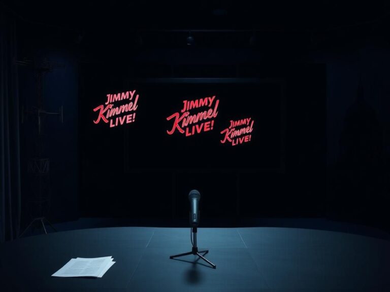 Flick International Dimly lit television studio set with an empty late-night talk show desk, showcasing political tension.