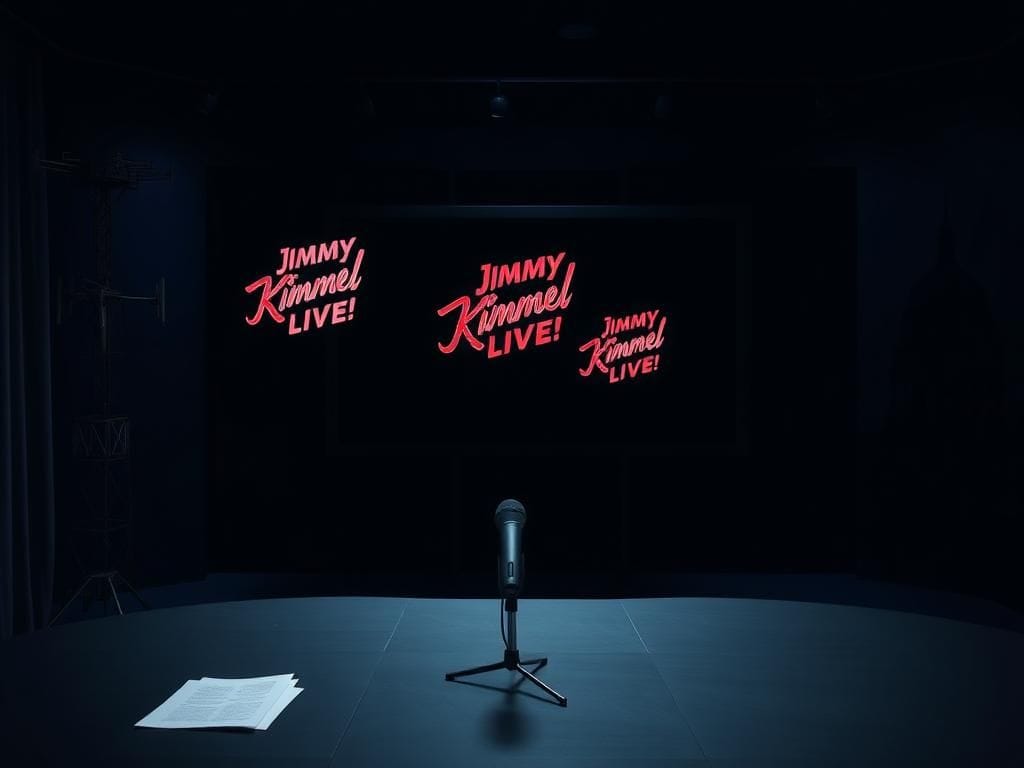 Flick International Dimly lit television studio set with an empty late-night talk show desk, showcasing political tension.