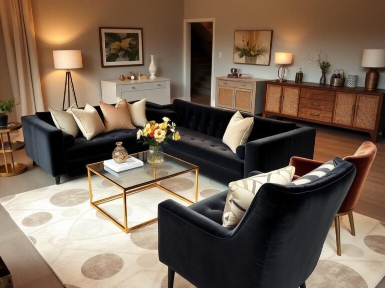 Flick International Cozy living room with plush dark velvet sofa and elegant decor