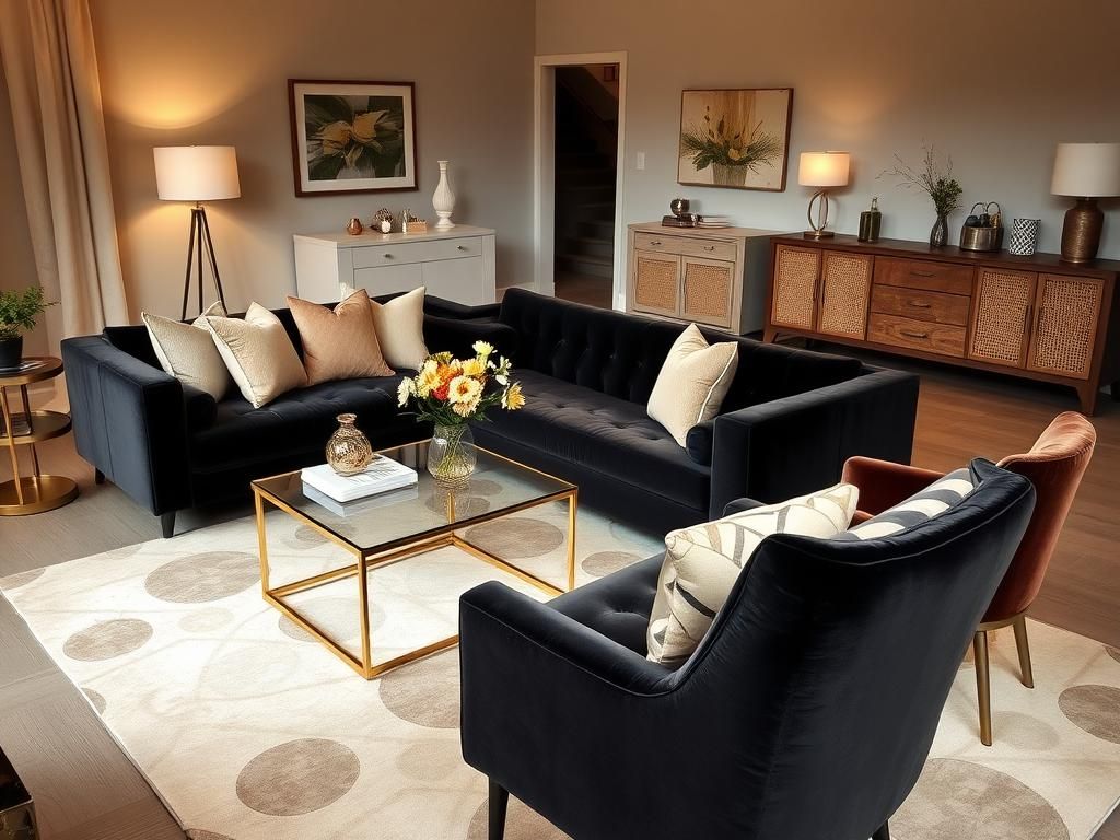 Flick International Cozy living room with plush dark velvet sofa and elegant decor