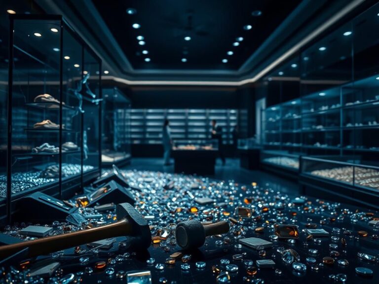 Flick International Chaotic scene inside a California jewelry store after a heist, featuring shattered glass and scattered jewels.