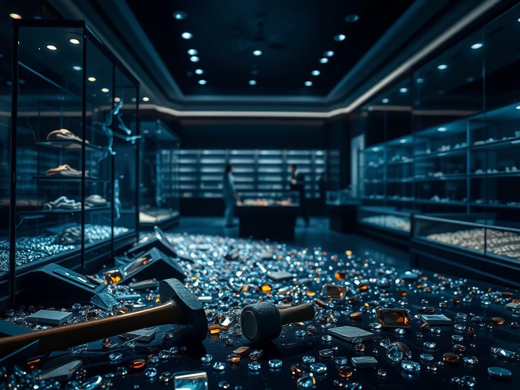 Flick International Chaotic scene inside a California jewelry store after a heist, featuring shattered glass and scattered jewels.